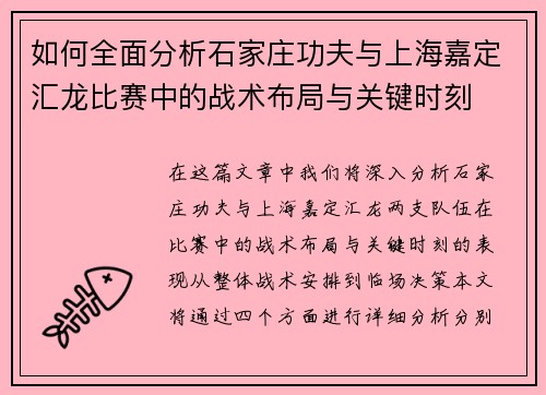 如何全面分析石家庄功夫与上海嘉定汇龙比赛中的战术布局与关键时刻