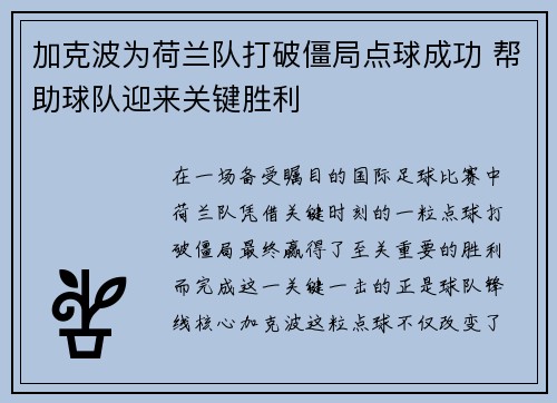 加克波为荷兰队打破僵局点球成功 帮助球队迎来关键胜利